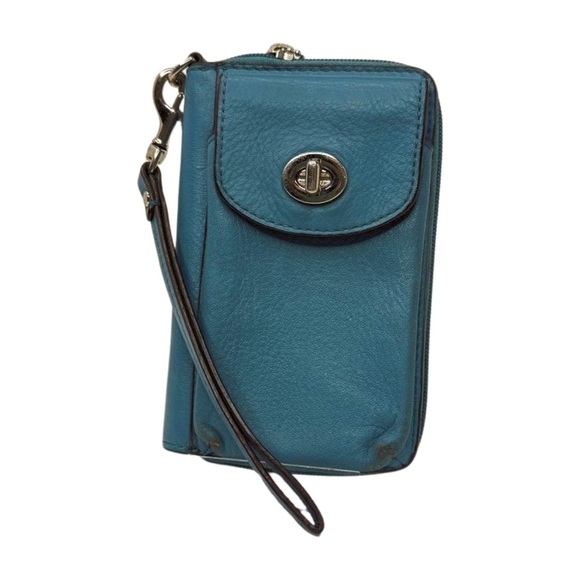 Coach Handbags - Coach Teal Blue Leather Turnlock Wristlet Wallet Zip Around ID Window